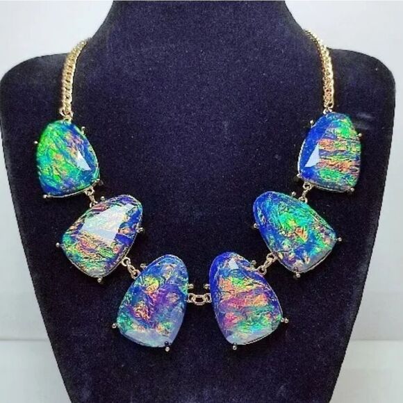 Aurora Borealis Statement Bib Pendant Necklace Blue Gold Tone Adjustable Chain - Picture 7 of 7